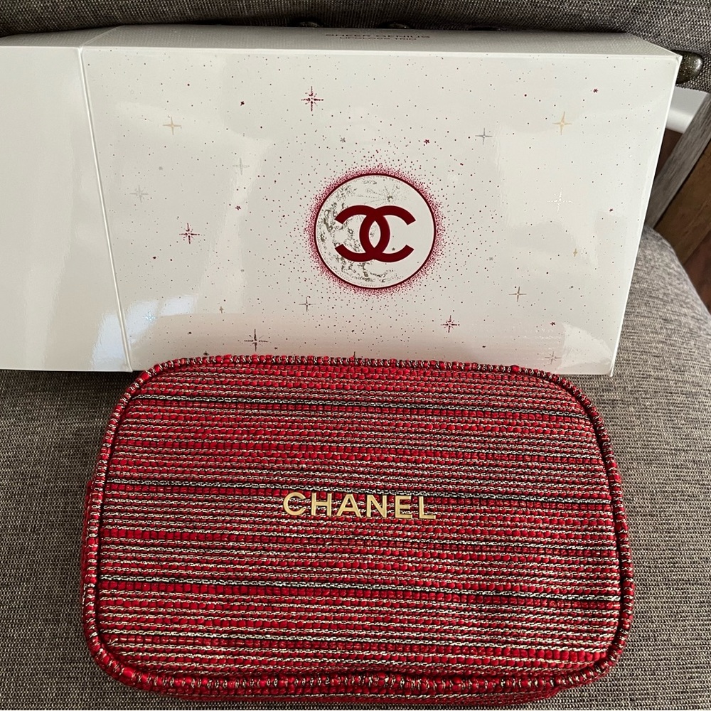 Chanel 2022 Holiday Red Tweed Cosmetic bag Only